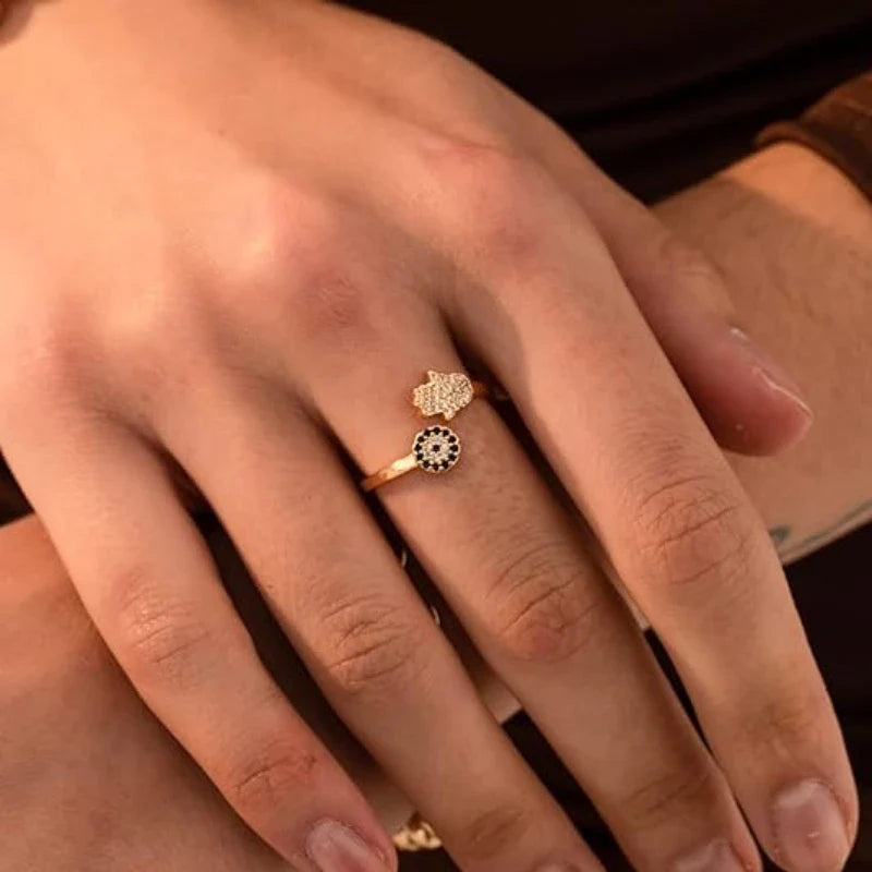 Anello di protezione per donna con mano di Fatma araba oro blu