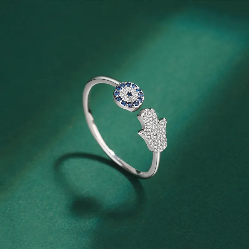 Anello di protezione per donna con mano di Fatma araba argento blu