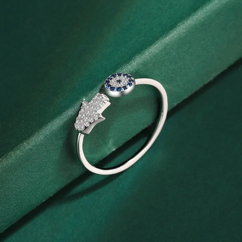 Anello di protezione per donna con mano di Fatma araba argento blu