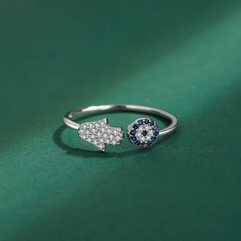 Anello di protezione per donna con mano di Fatma araba argento blu