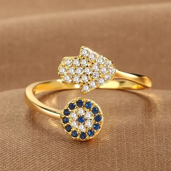 Anello di protezione per donna con mano di Fatma araba oro blu