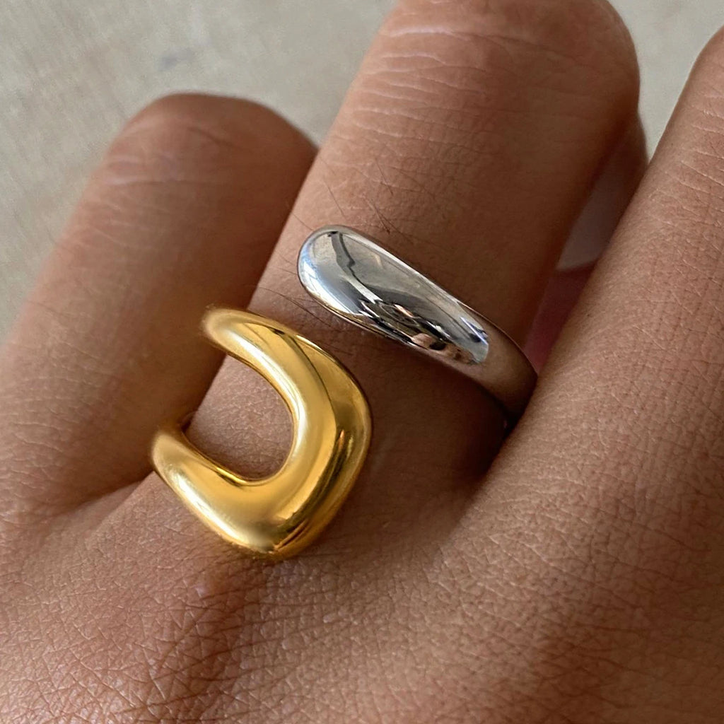 Bague Dorée et Argentée Anneau Goutte d'Eau Creuse