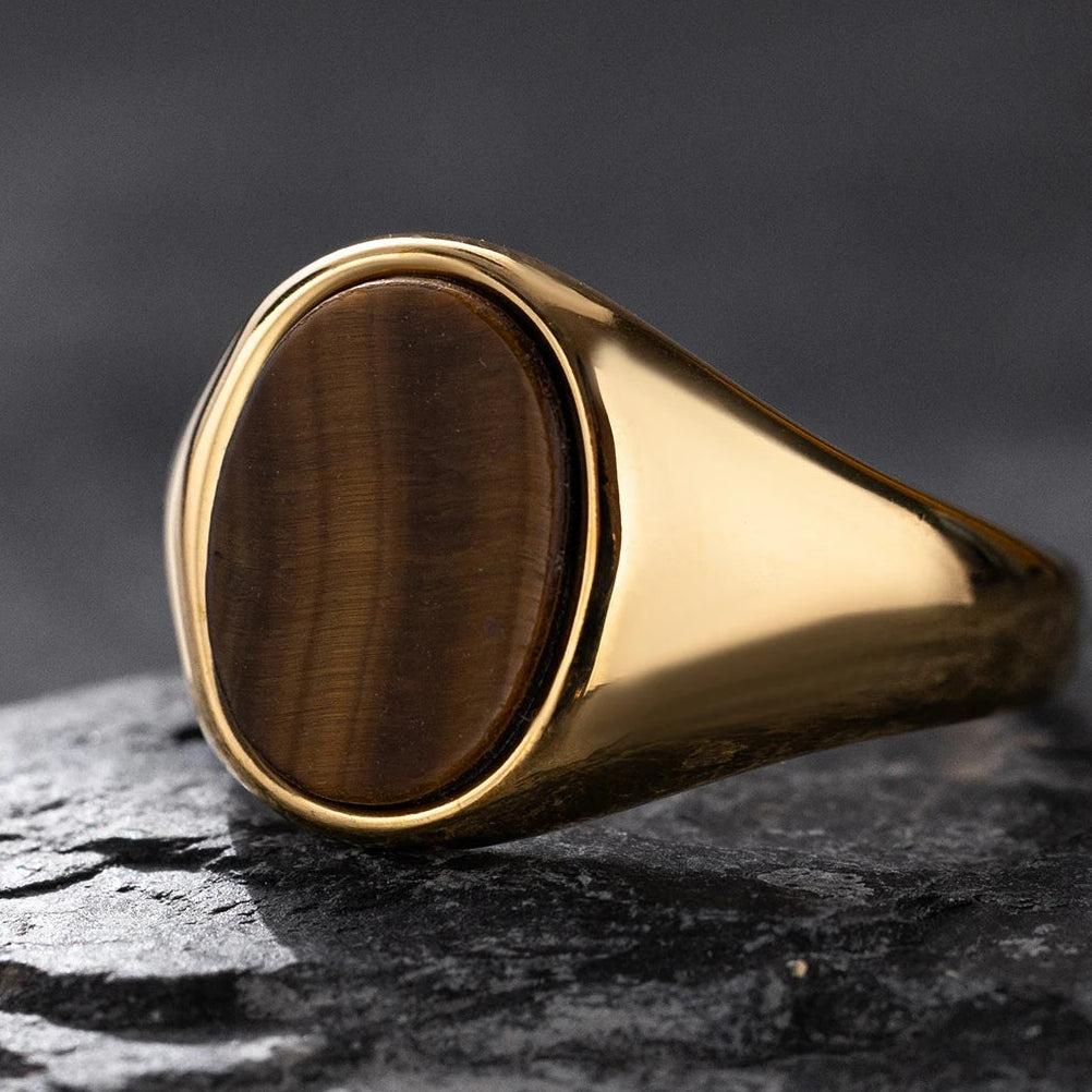 Bague dorée et pierre d'oeil de tigre ovale