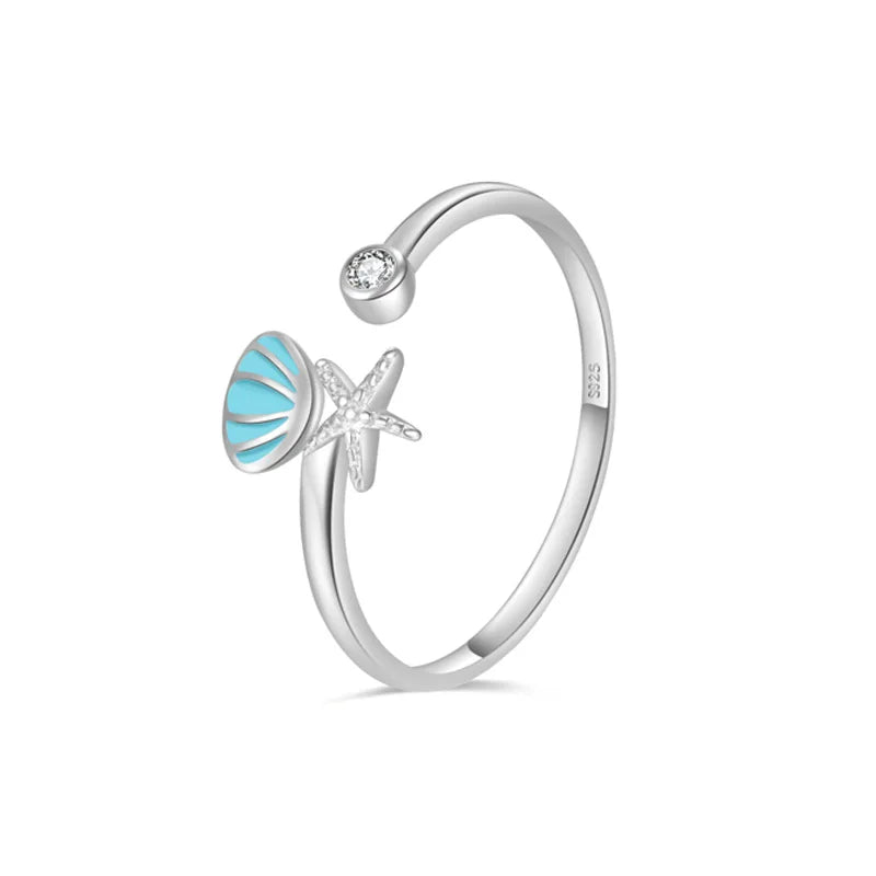 Bague Coquillages Etoile de Mer et Coquille Saint-Jacques et Zircon argent