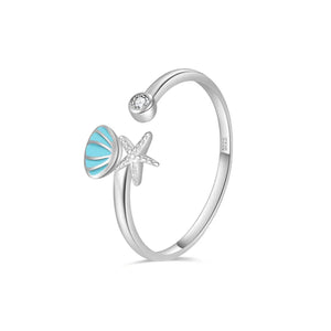 Bague Coquillages Etoile de Mer et Coquille Saint-Jacques et Zircon argent