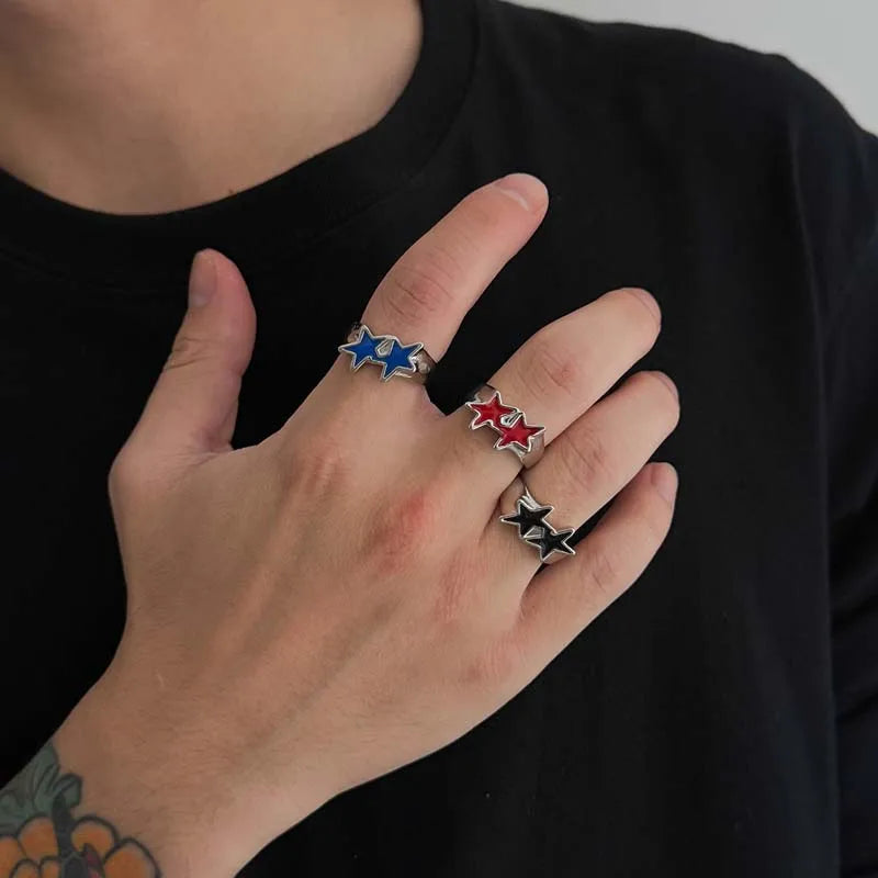 Bague ouverte étoiles jumelles style streetwear rétro noir