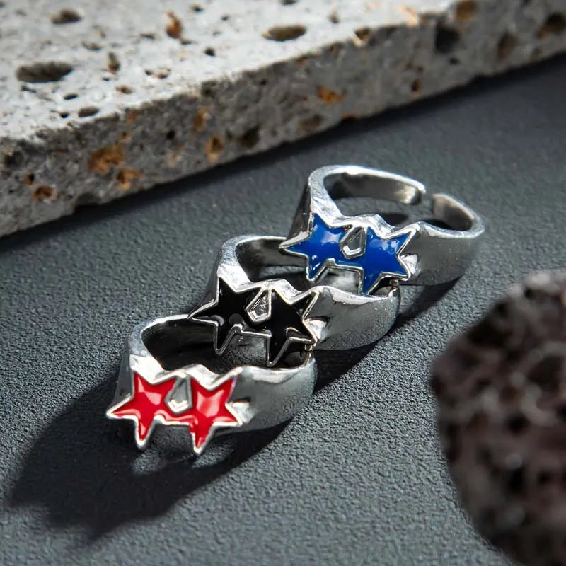 Bague ouverte étoiles jumelles style streetwear rétro noir