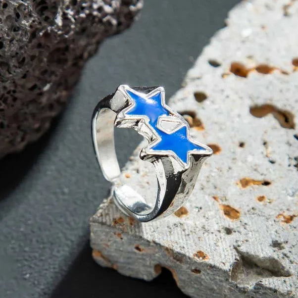 Bague ouverte étoiles jumelles style streetwear rétro bleu