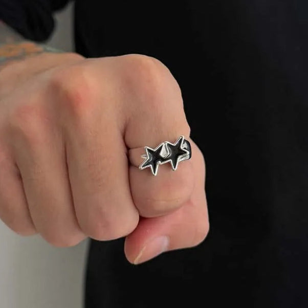 Bague ouverte étoiles jumelles style streetwear rétro noir