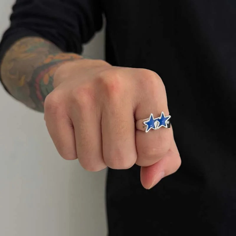 Bague ouverte étoiles jumelles style streetwear rétro bleu