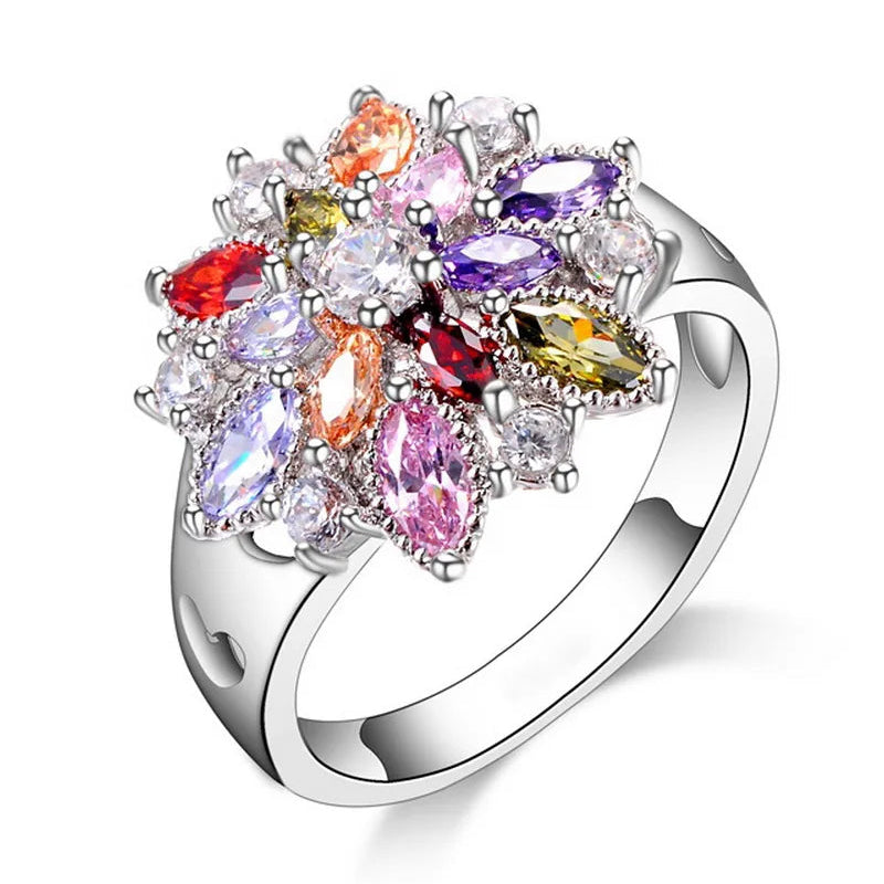 Flower ring with multicolored crystals
