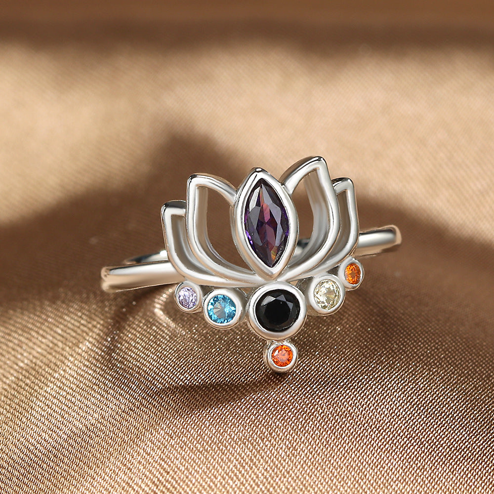 Lotusblumenring 7 Chakren für Damen Silber