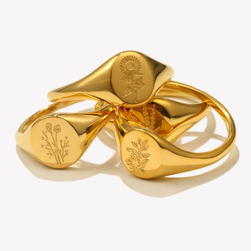 Bague fleur sauvage gravée feuille de thé