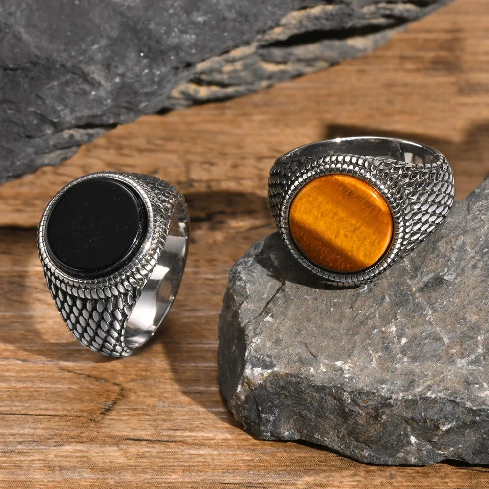 Bague homme texturée et pierre d'oeil de tigre