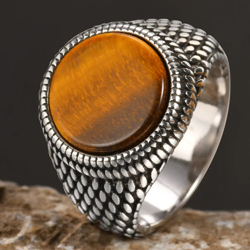 Bague homme texturée et pierre d'oeil de tigre