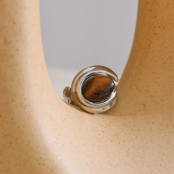 Anello largo regolabile e pietra occhio di tigre argento