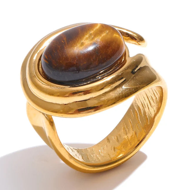 Anello largo regolabile e pietra occhio di tigre oro