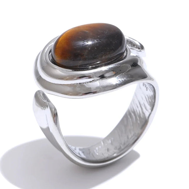 Anello largo regolabile e pietra occhio di tigre argento
