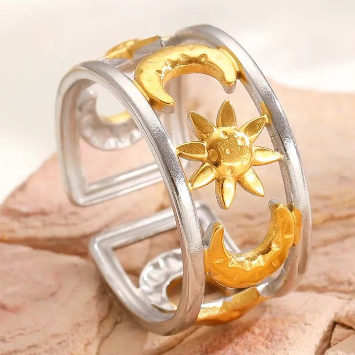 Anello largo effetto celeste sole e luna argento