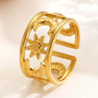 Anello largo effetto celeste sole e luna oro