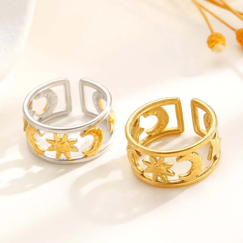 Anello largo effetto celeste sole e luna oro