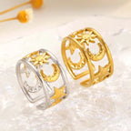 Anello largo effetto celeste sole e luna argento