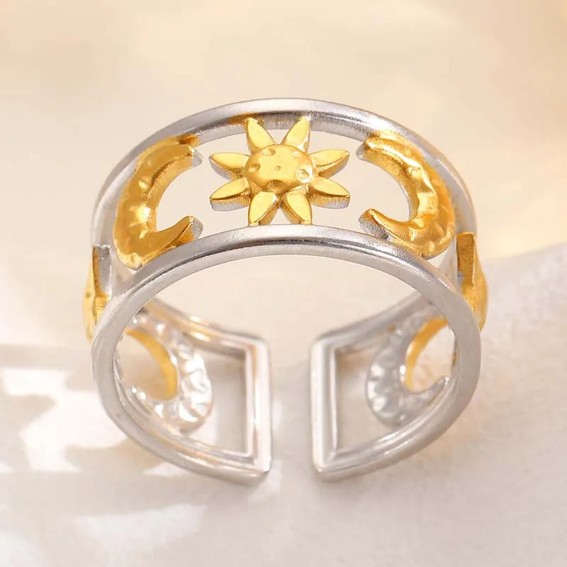 Anello largo effetto celeste sole e luna argento