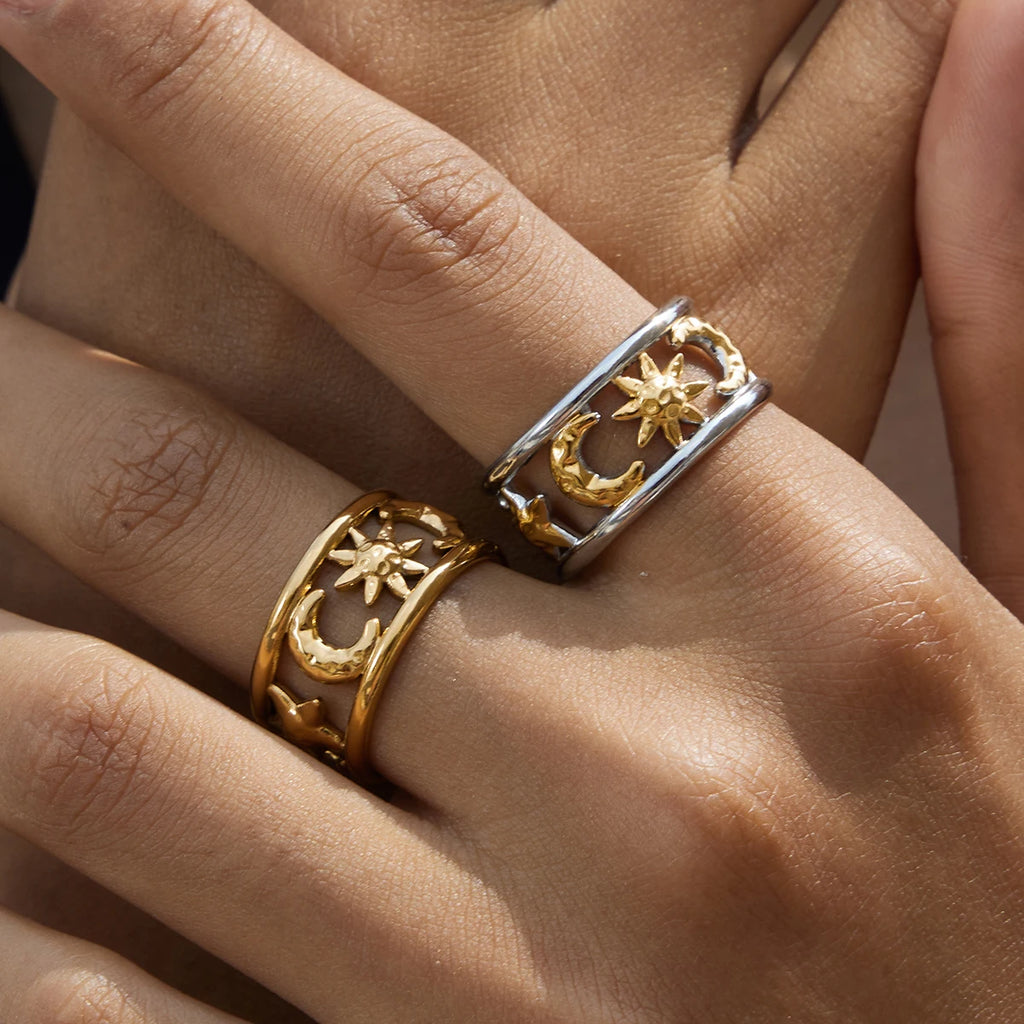 Anello largo effetto celeste sole e luna oro