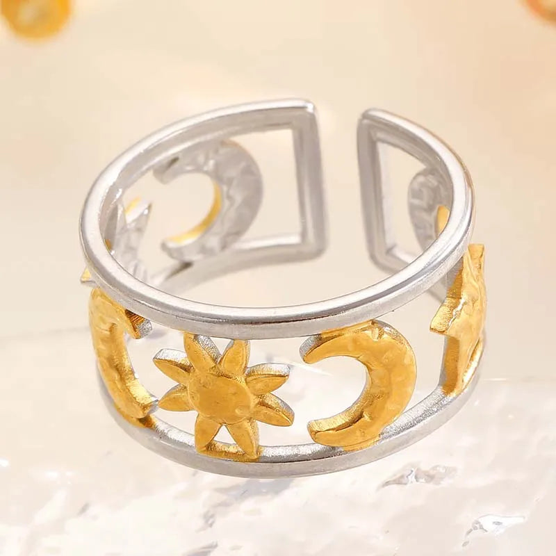 Anello largo effetto celeste sole e luna argento
