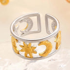 Anello largo effetto celeste sole e luna argento
