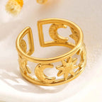 Anello largo effetto celeste sole e luna oro