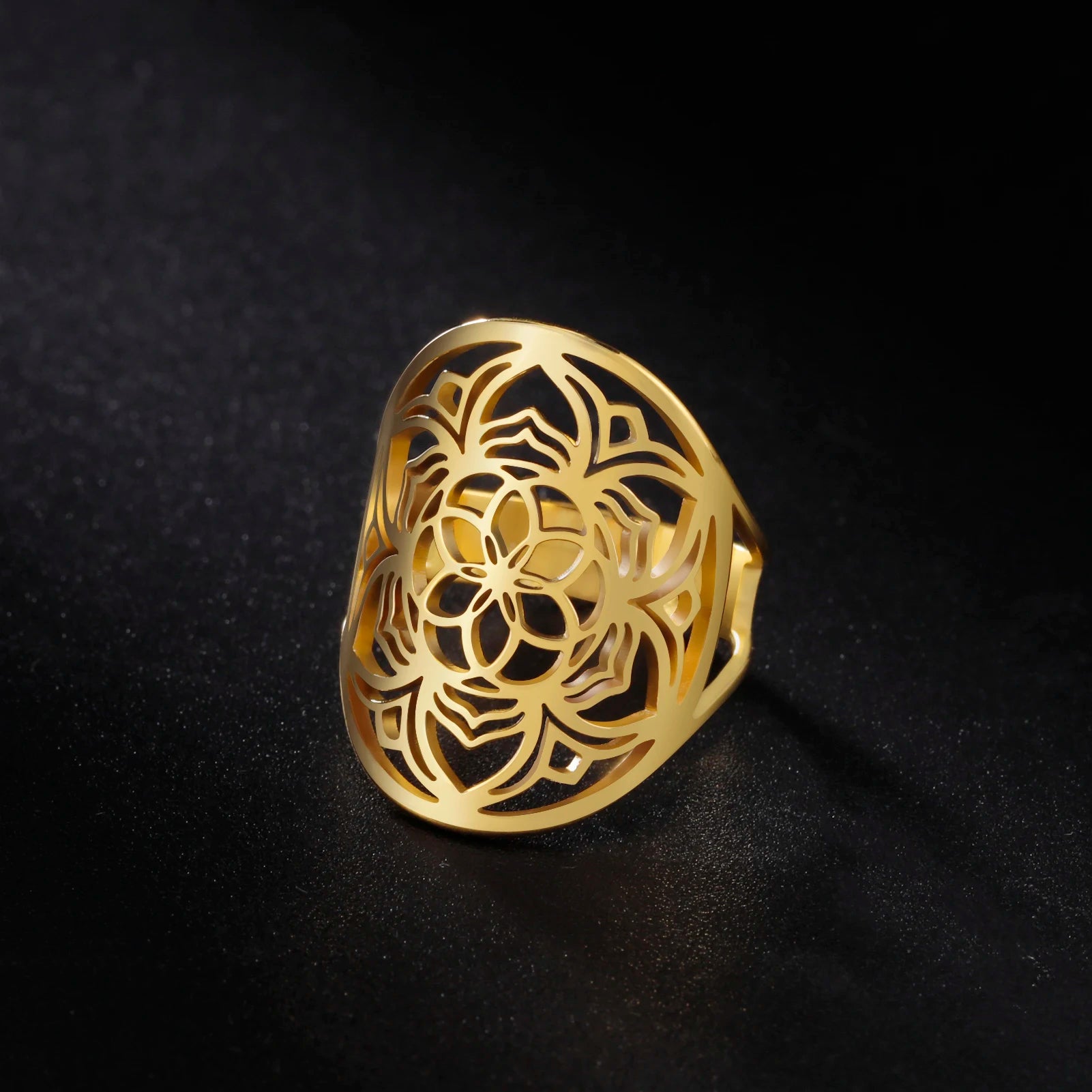 Bague Chevalière Mandala Femme - Acier Inoxydable Plaqué Or, Taille 62 (USA 10)