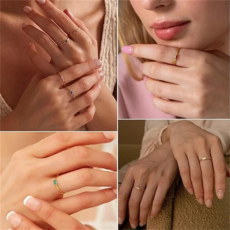 Anel minimalista com pedra de nascimento retangular para mulher