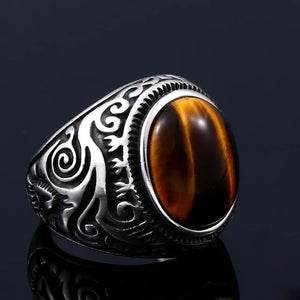 Bague Oeil de Tigre Homme Décorée argent