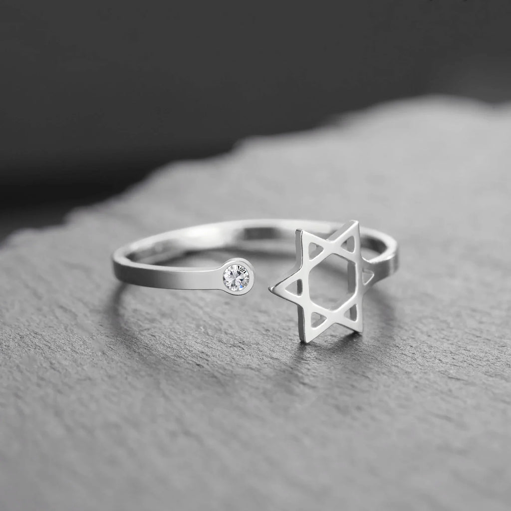 Bague ouverte avec l'étoile de David symbolique juive argent