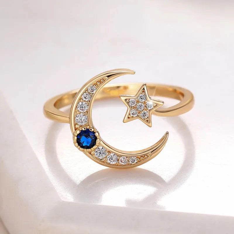 Offener Ring „Sternennacht“ mit Mondsichel und blauem Kristall