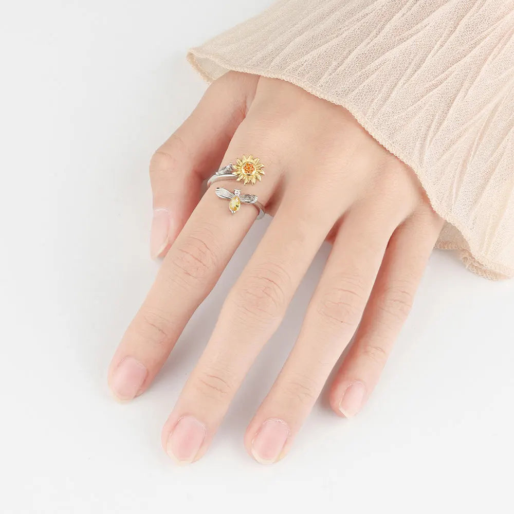 Bague abeille et fleur rotative