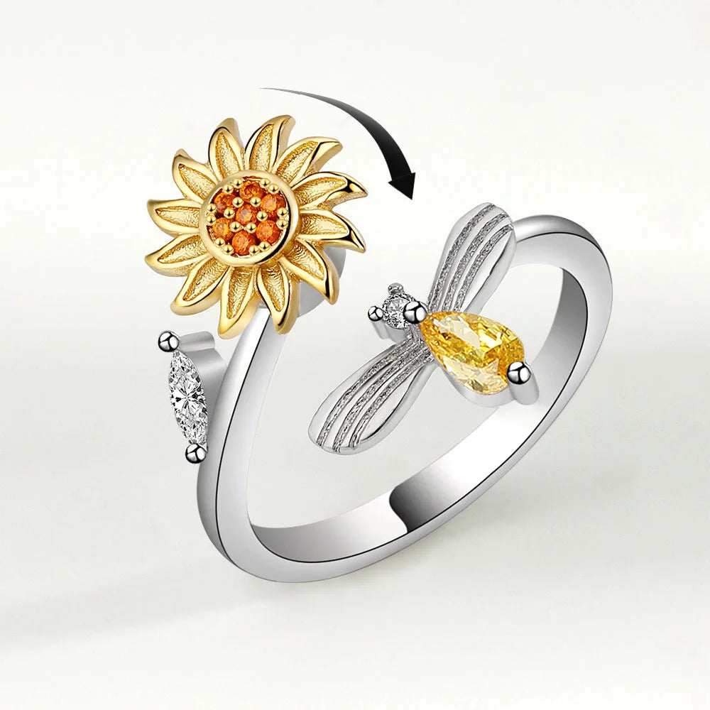 Bague abeille et fleur rotative