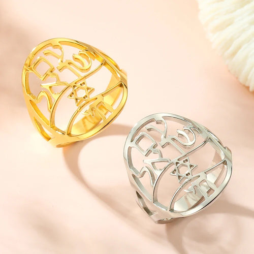 Symbolischer jüdischer Ring mit hebräischer Gravur Stern von David und Haï Chai in Gold