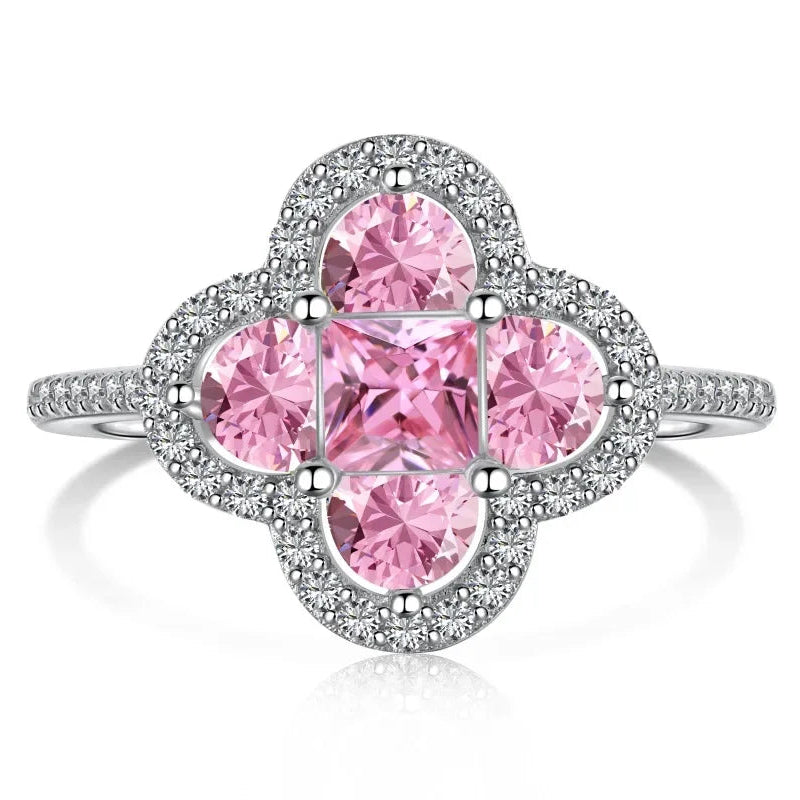 Anello quadrifoglio luminoso con cristalli argento e rosa