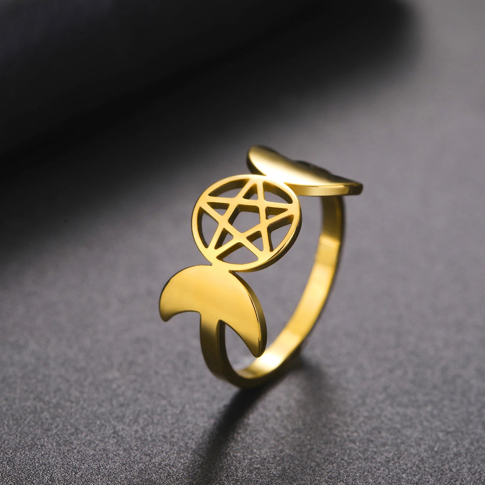 Bague Pierre De Lune Argent 925 Réglable - Motifs Triple Lune, Pentacle, Feuille, Ouverte, Pour Femme, Cadeau Wicca - 2