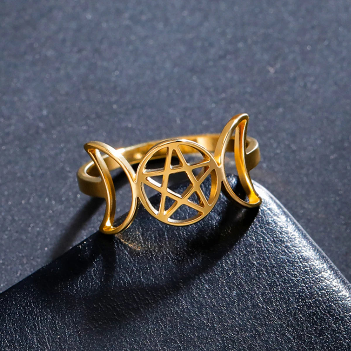 Bague Pierre De Lune Argent 925 Réglable - Motifs Triple Lune, Pentacle, Feuille, Ouverte, Pour Femme, Cadeau Wicca - 11