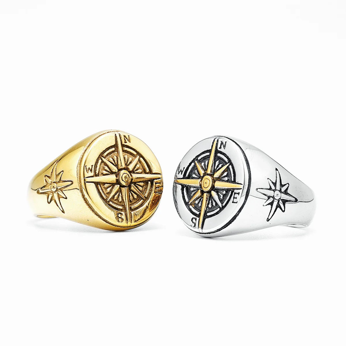 Vyriškas vintažinis žiedas su rožės kompasu sidabro ir aukso