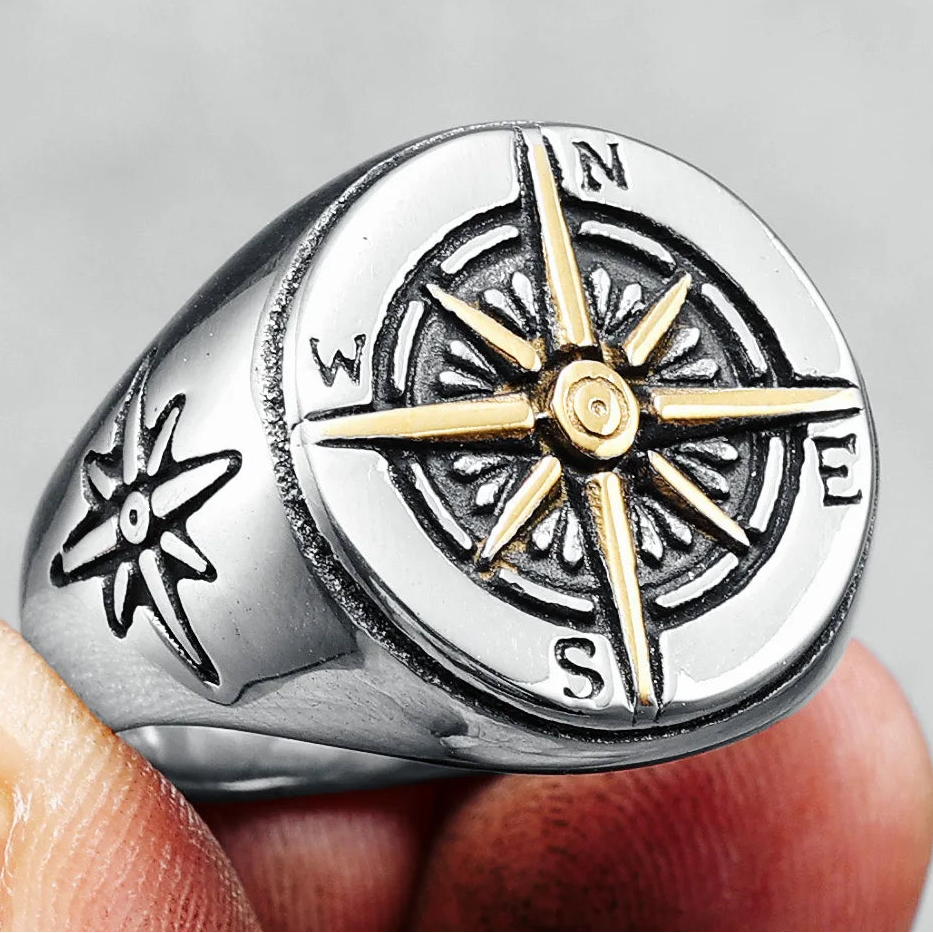 Bague Vintage Boussole Rose des Vents pour Homme argent et or