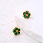 Boucles d'Oreilles Clou avec Trèfle à 5 Feuilles vert