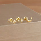 Boucles d'Oreilles Clou Croissant de Lune et Etoiles or