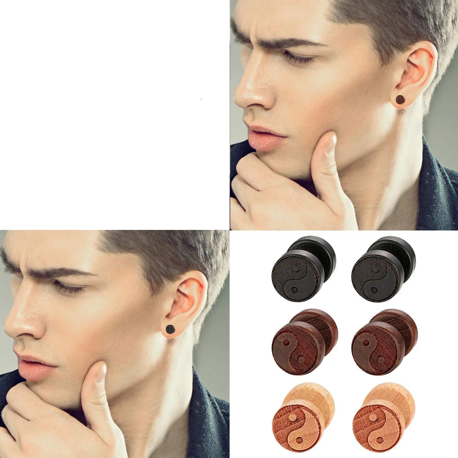 Boucles d'Oreilles Clou en Bois Yin Yang homme