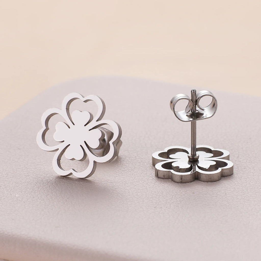Boucles d'Oreilles Clou en Feuille de Trèfle à 4 Feuilles argent