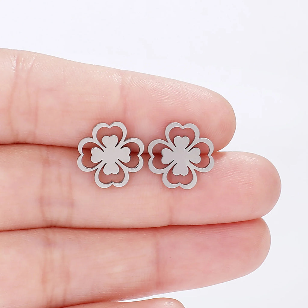 Boucles d'Oreilles Clou en Feuille de Trèfle à 4 Feuilles argent