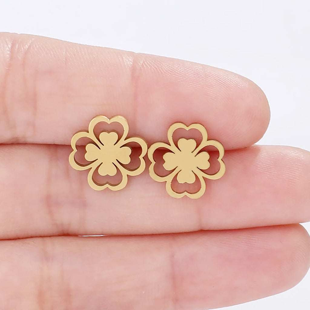 Boucles d'Oreilles Clou en Feuille de Trèfle à 4 Feuilles or